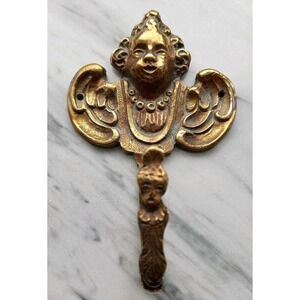 Antique Ornate Gothic Brass Patina Cherub Wall Mounted Hook Hanger Angel